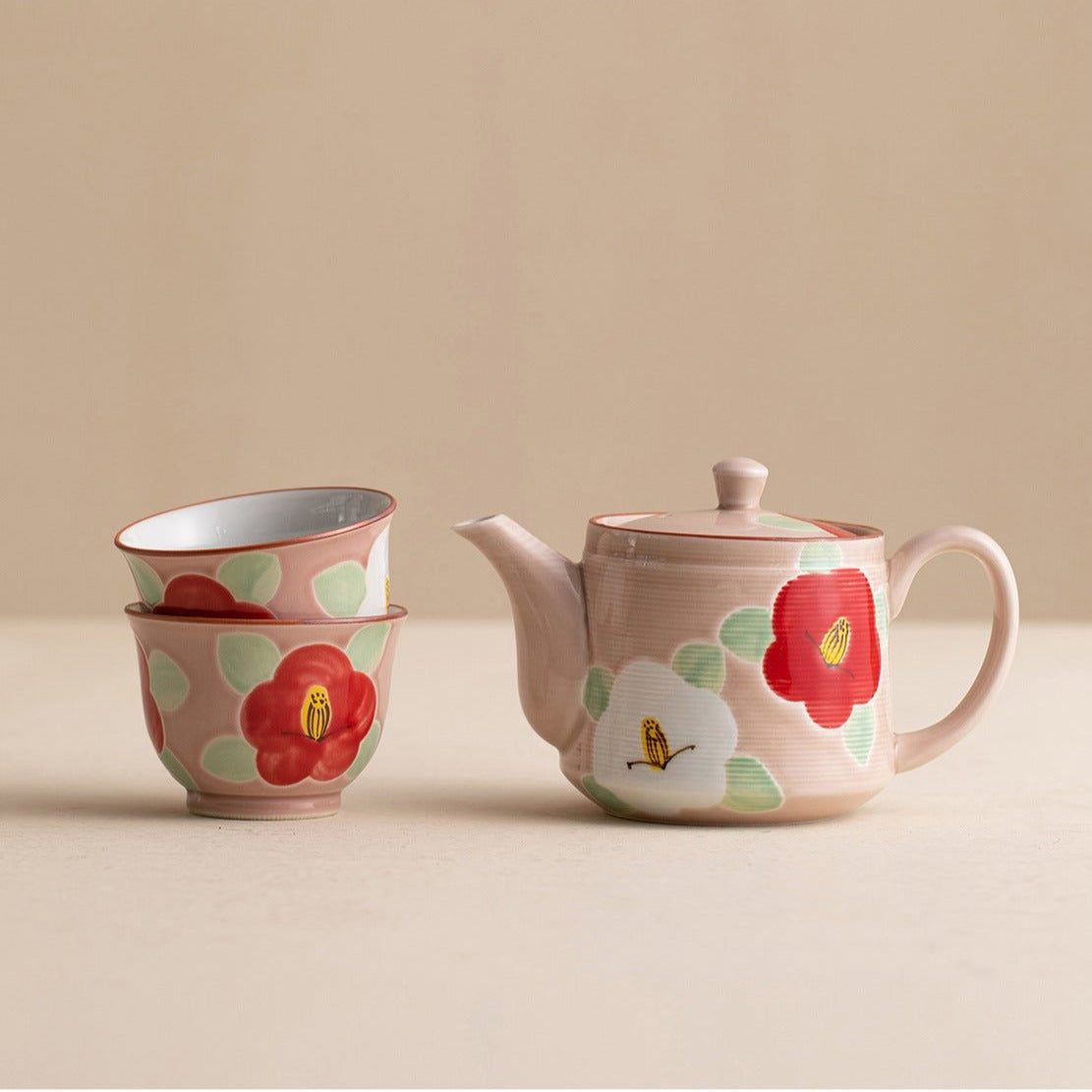 【有田燒 ARITA WARE】粉釉 山茶花 手繪 茶具套裝