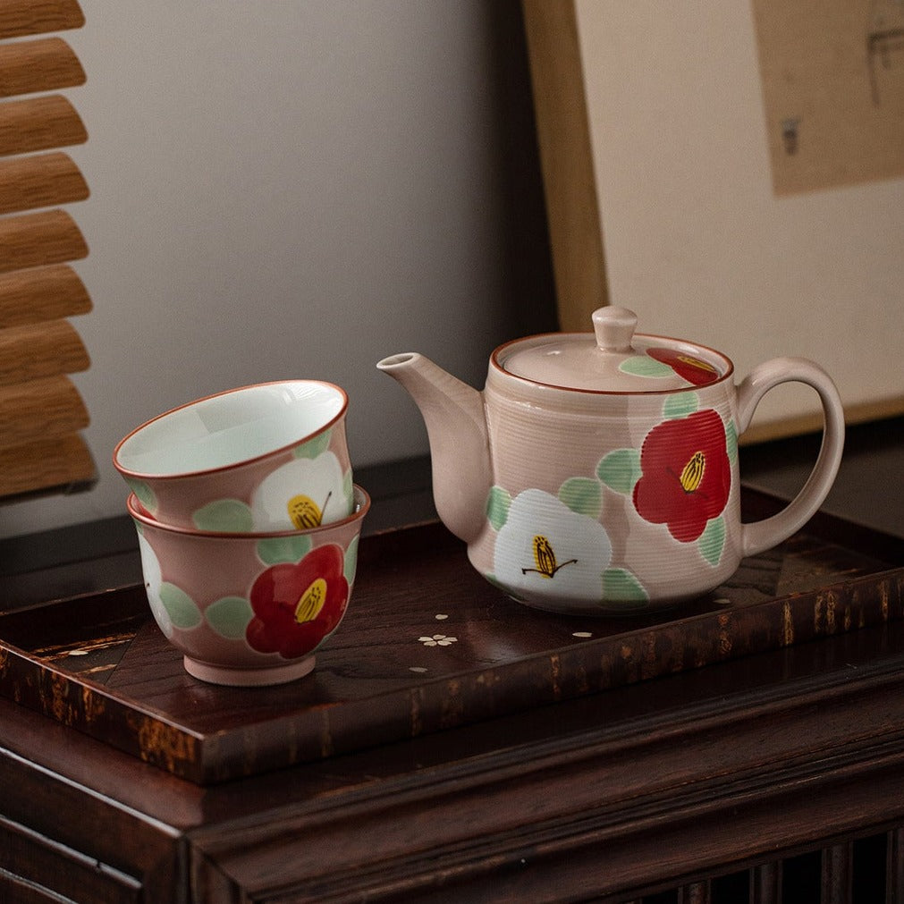 【有田燒 ARITA WARE】粉釉 山茶花 手繪 茶具套裝