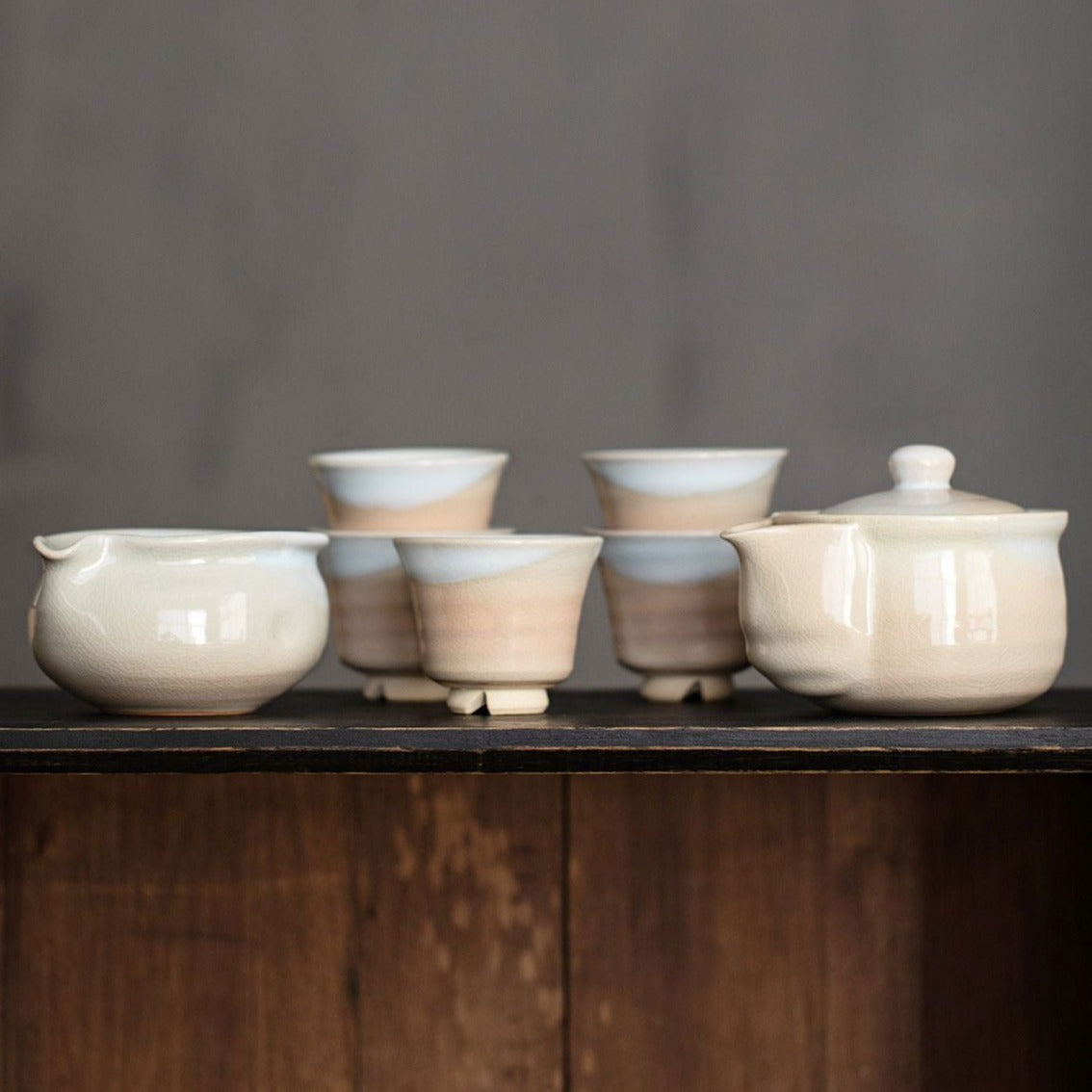 【萩燒 HAGI WARE】禪意冰裂紋理 工夫茶 7件套 木製の箱