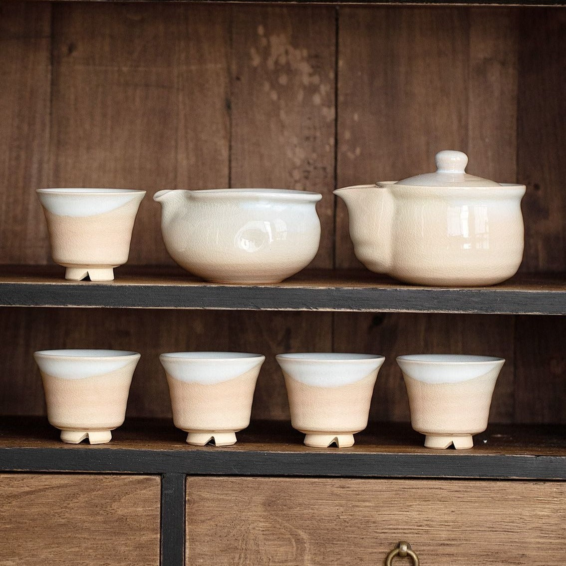 【萩燒 HAGI WARE】禪意冰裂紋理 工夫茶 7件套 木製の箱