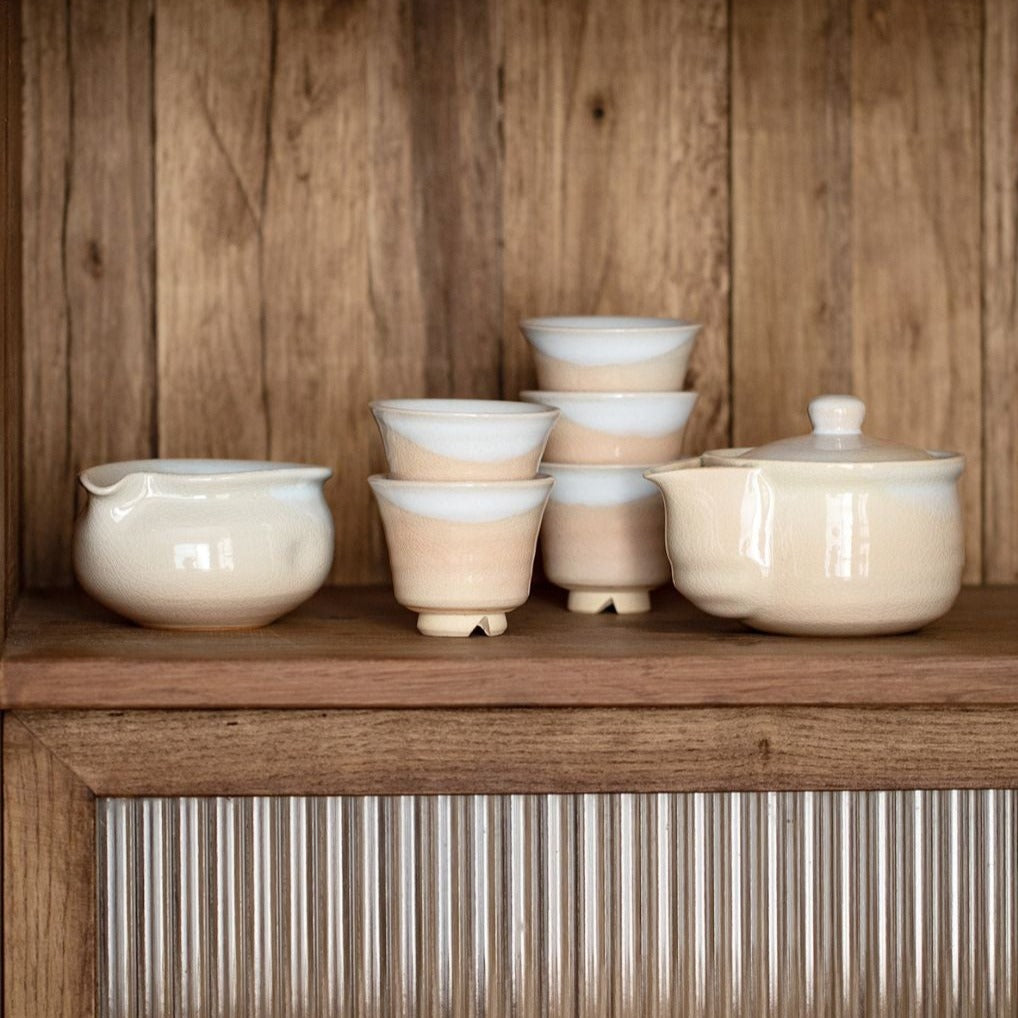 【萩燒 HAGI WARE】禪意冰裂紋理 工夫茶 7件套 木製の箱