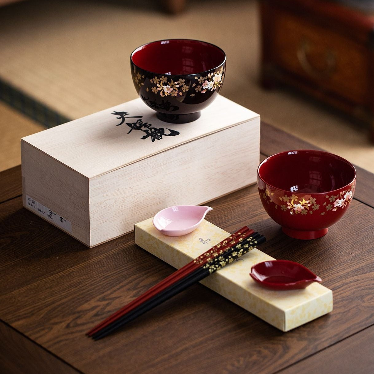 【漆器 Lacquerware】櫻花夫妻對碗 木製の箱