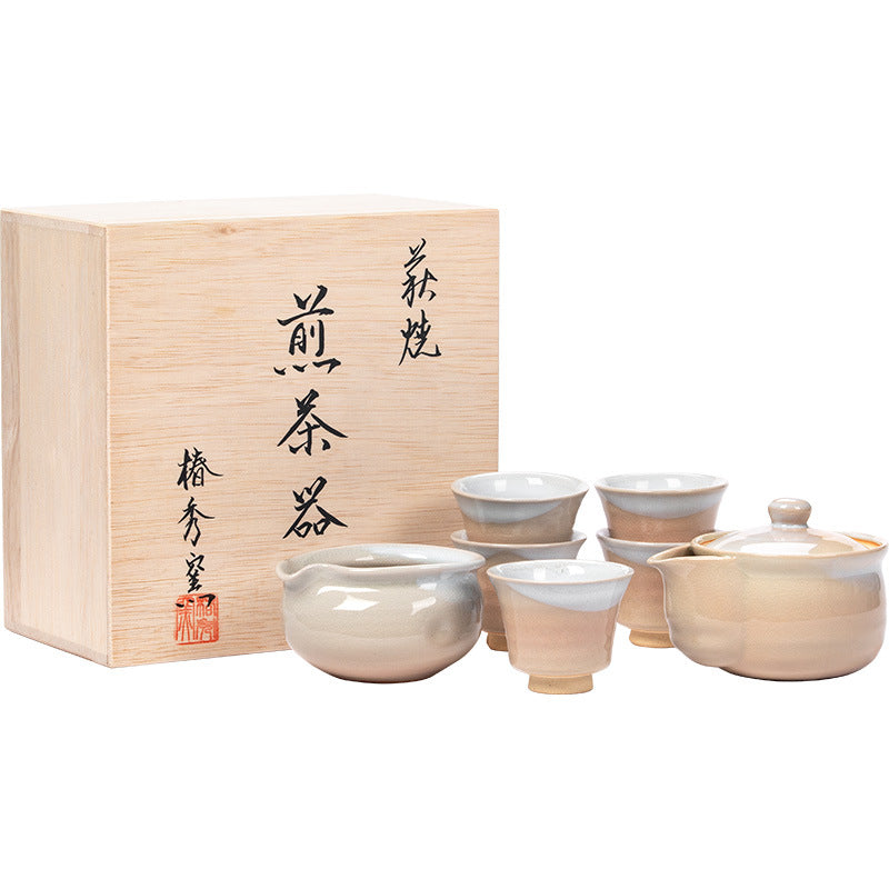 【萩燒 HAGI WARE】禪意冰裂紋理 工夫茶 7件套 木製の箱