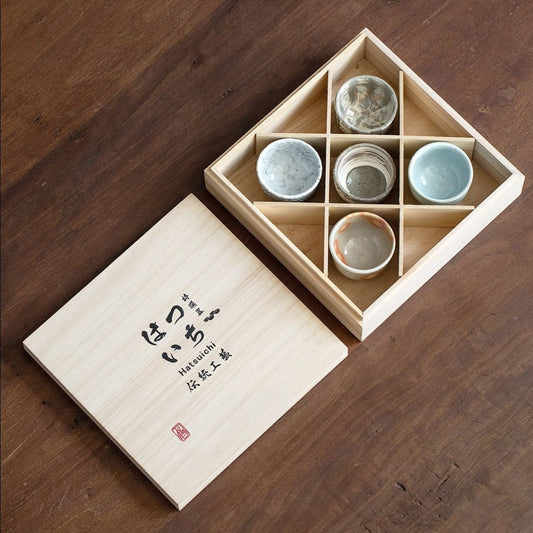 【萬谷燒 BANKO WARE】粗陶 風起茶杯 5件套 木製の箱